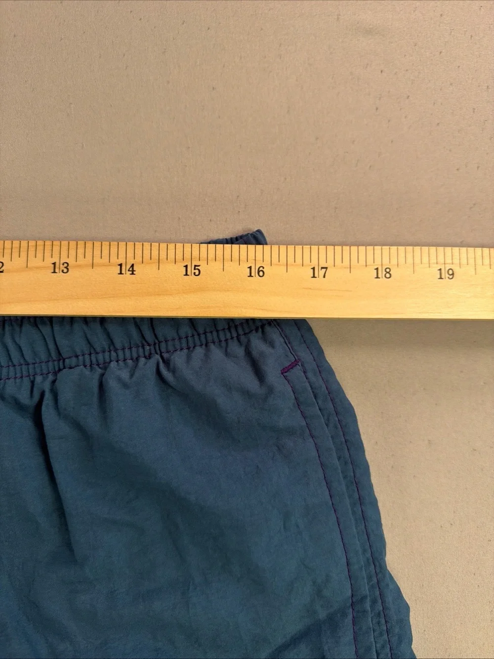 Vintage Men's Teal Elastic-Waist Swim Trunks with Embroidered Logo Patch